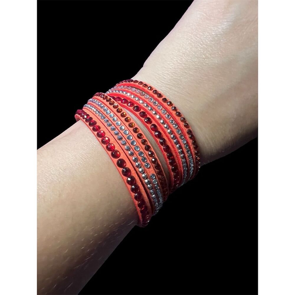 Women's Orange Leather Wrap Bracelet with Rhinestones Adjustable Snap Cl… - Picture 7 of 10